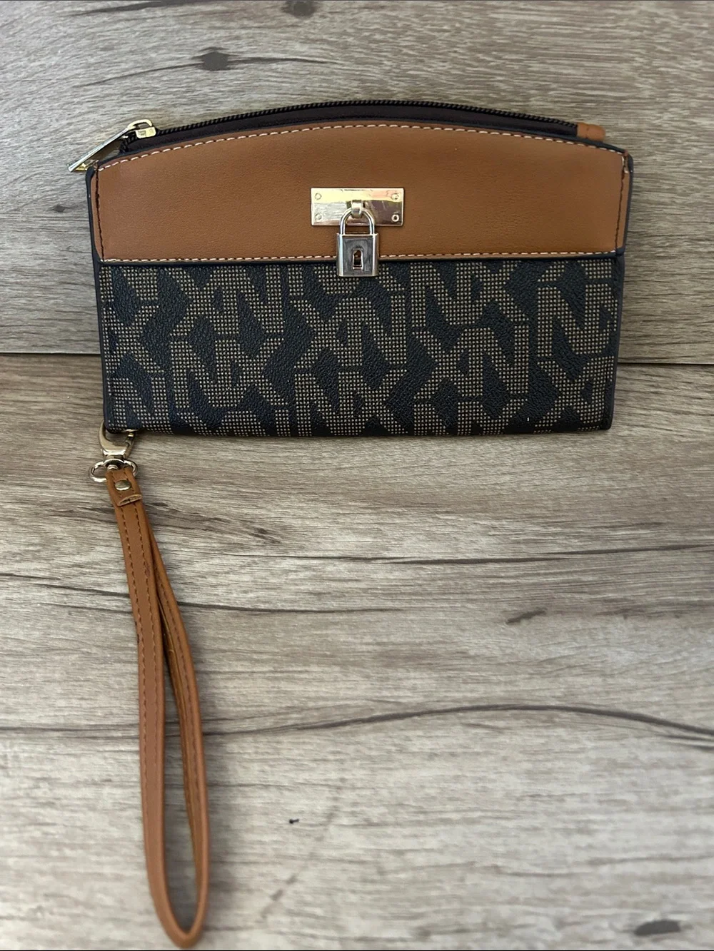 Tan and Black Patterned Wristlet Clutch